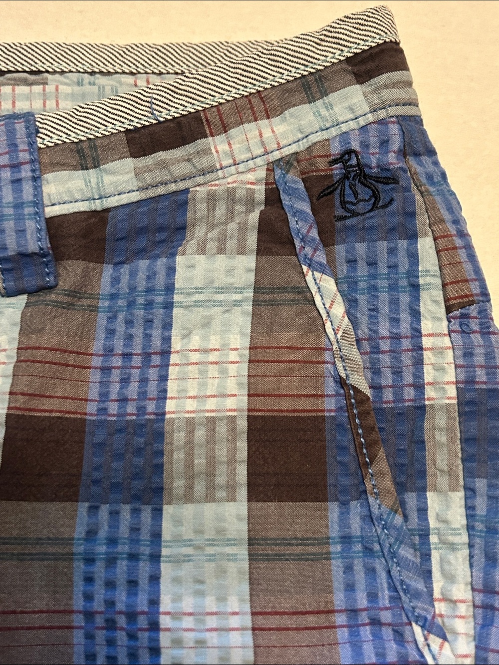 Penguin Men's Seersucker Plaid Blue and Brown Chino Shorts Flat Front 33/11